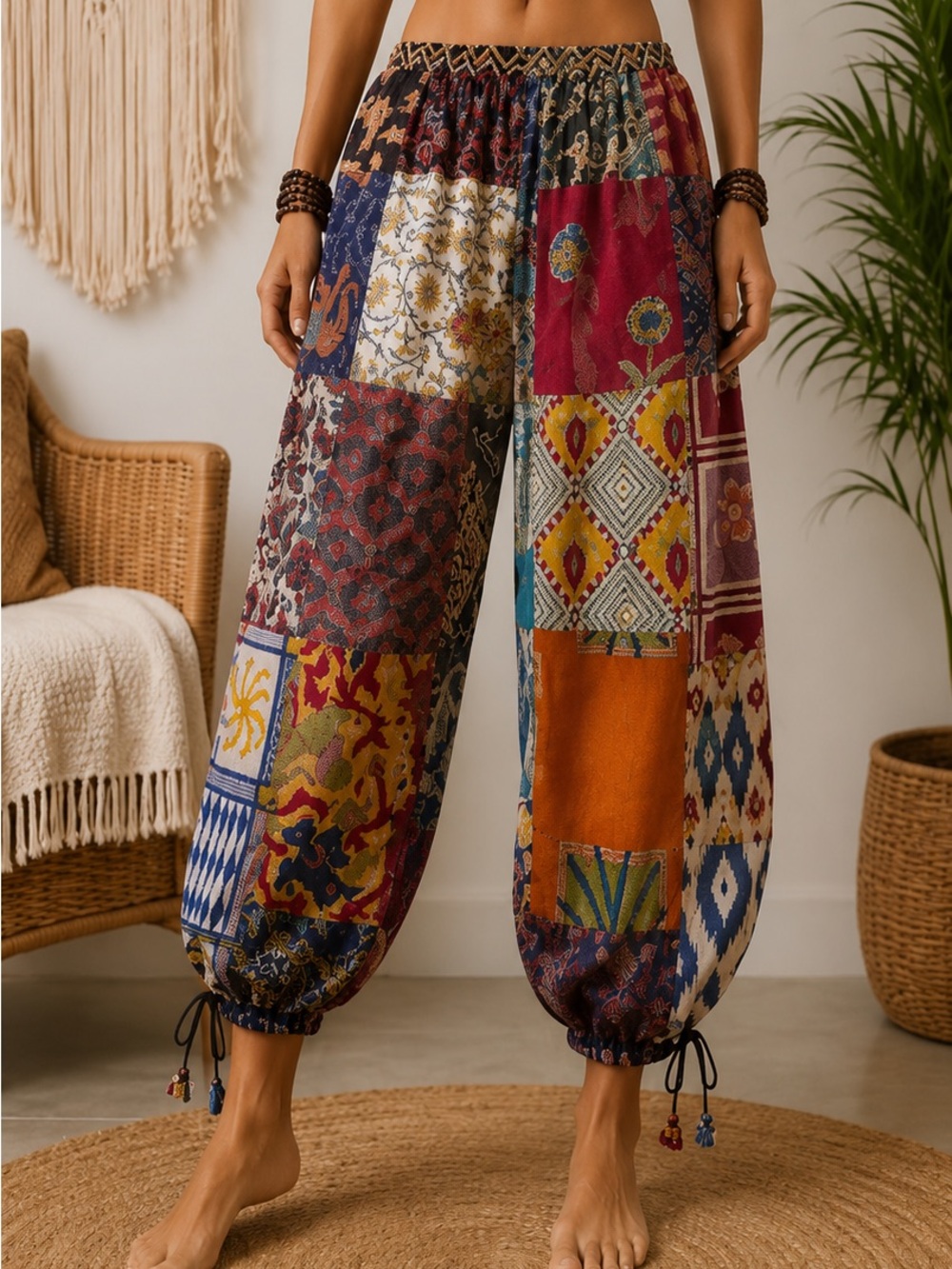 Sacred Threads Handmade India Colorful Patchwork Boho Harem FestivalPants Size M
